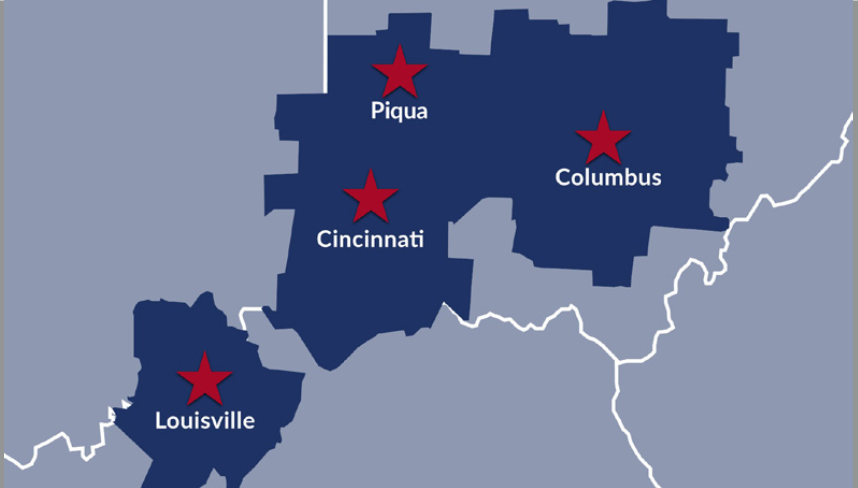 Columbus Cinci Piqua Louisville Location Map